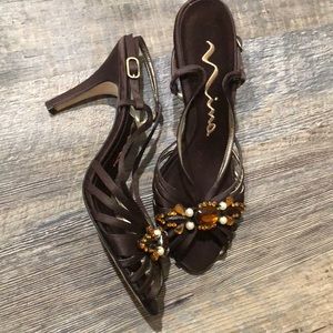 Nina rhinestone brown dressy shoes, size 8.5
